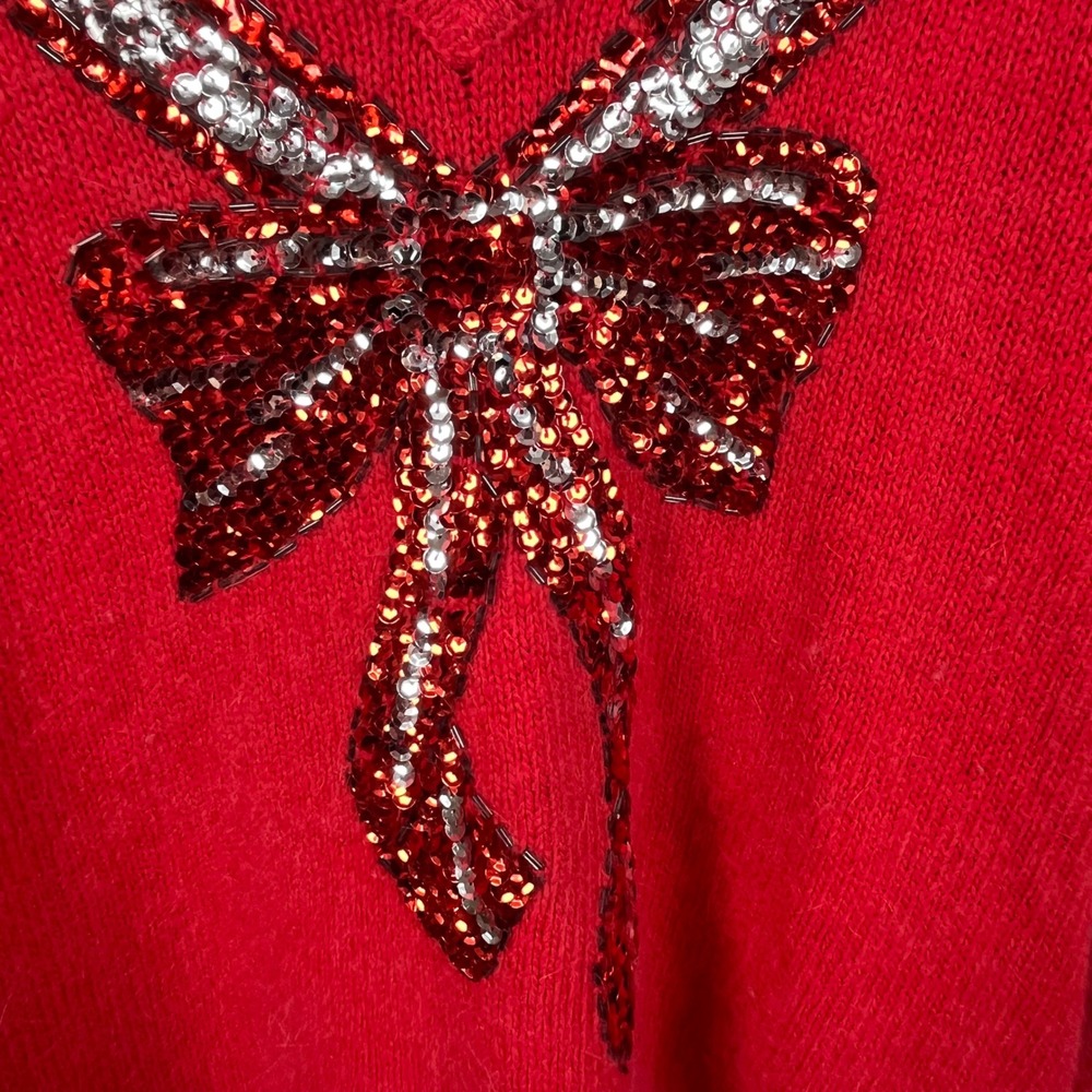 Le Chois Sweater Red Womens Large Silk Angora Sequin Bow Holiday Vintage - Picture 4 of 7